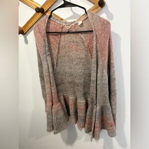Anthropologie Knitted & Knotted Cody peplum cardigan sweater in a pink and gray